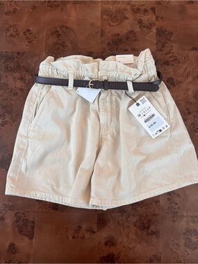 Zara High-Waist Paperbag Shorts in Tan with Dark Brown Belt